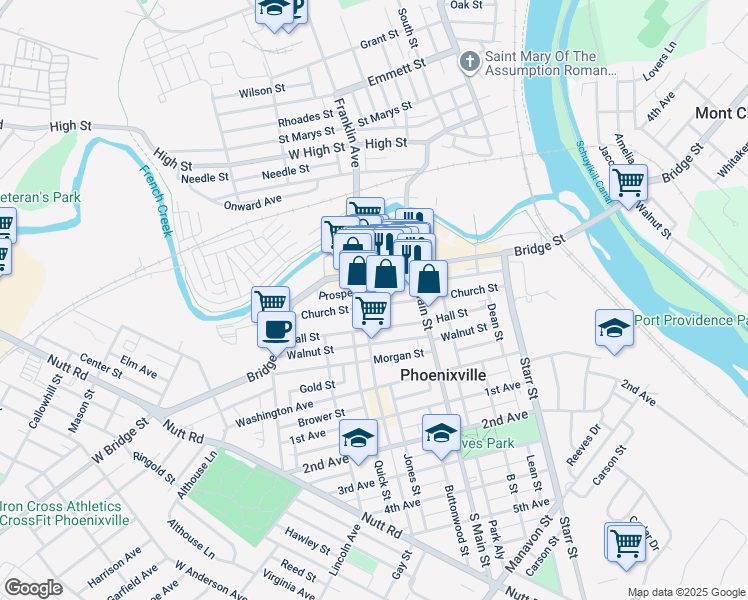 map of restaurants, bars, coffee shops, grocery stores, and more near 251 Church Street in Phoenixville