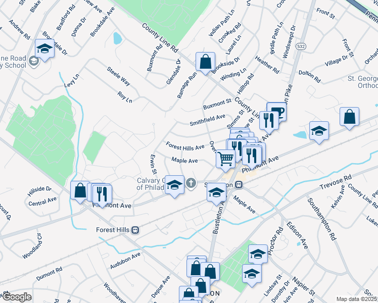 map of restaurants, bars, coffee shops, grocery stores, and more near 404 Forest Hills Avenue in Philadelphia