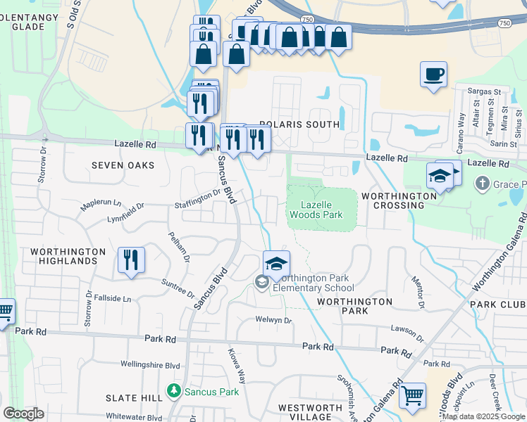 map of restaurants, bars, coffee shops, grocery stores, and more near 8179 Rochester Way in Westerville