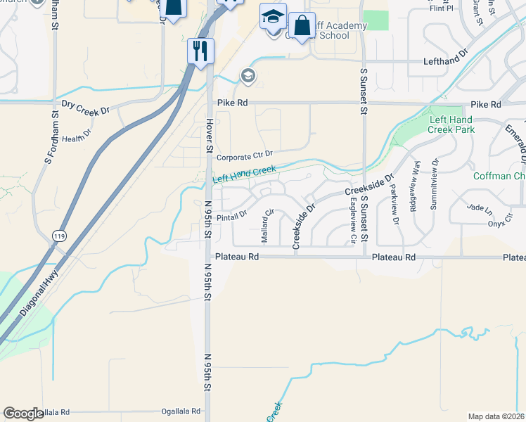 map of restaurants, bars, coffee shops, grocery stores, and more near 2440 Mallard Circle in Longmont