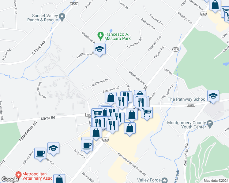map of restaurants, bars, coffee shops, grocery stores, and more near 22 Sandown Road in Eagleville