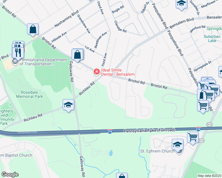 map of restaurants, bars, coffee shops, grocery stores, and more near 128 Saddlebrook Drive in Bensalem
