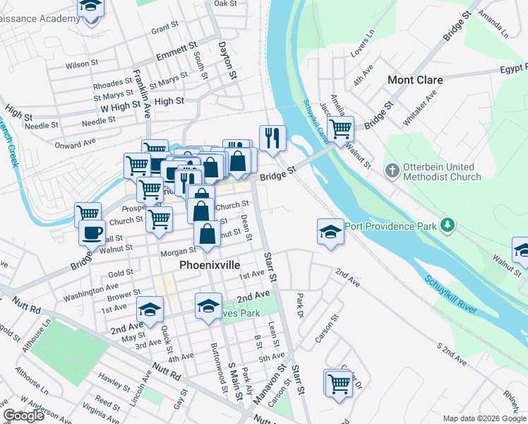 map of restaurants, bars, coffee shops, grocery stores, and more near 109 Starr Street in Phoenixville