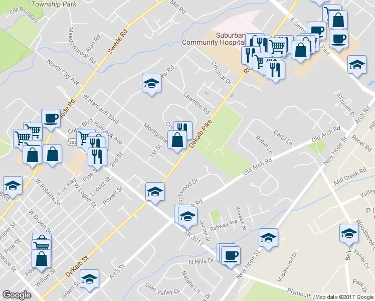 map of restaurants, bars, coffee shops, grocery stores, and more near 2300 Dekalb Pike in East Norriton