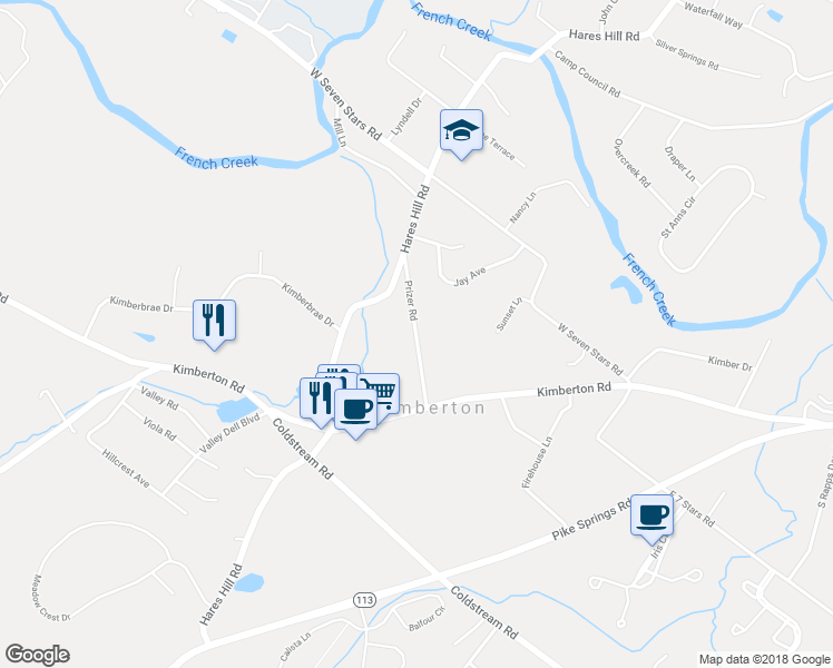 map of restaurants, bars, coffee shops, grocery stores, and more near 46 Prizer Road in Phoenixville
