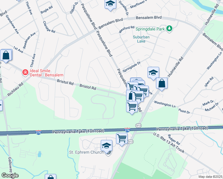 map of restaurants, bars, coffee shops, grocery stores, and more near 2453 Barnsleigh Drive in Bensalem