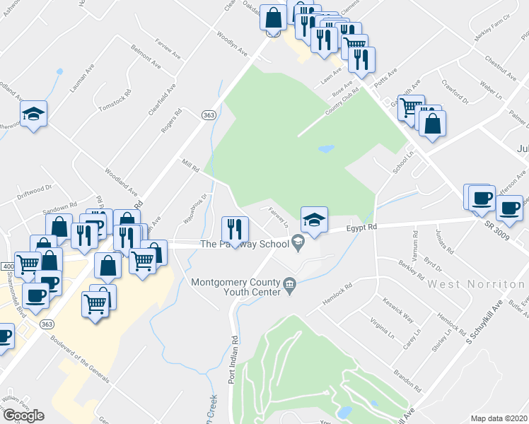 map of restaurants, bars, coffee shops, grocery stores, and more near 104 Sand Trap Court in Norristown