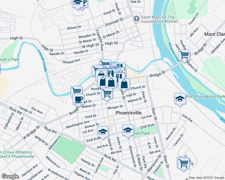 map of restaurants, bars, coffee shops, grocery stores, and more near 239 Church Street in Phoenixville