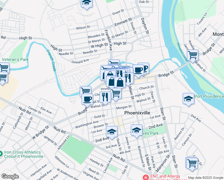 map of restaurants, bars, coffee shops, grocery stores, and more near 322 Church Street in Phoenixville