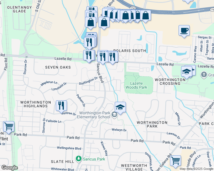 map of restaurants, bars, coffee shops, grocery stores, and more near 1010 Philadelphia Drive in Westerville