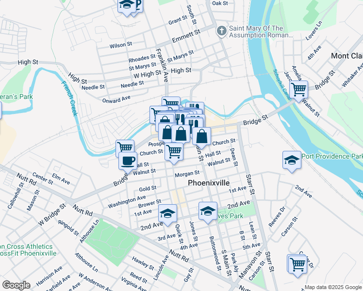 map of restaurants, bars, coffee shops, grocery stores, and more near 239 Church Street in Phoenixville