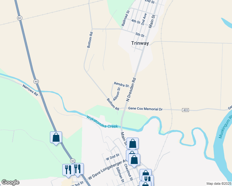 map of restaurants, bars, coffee shops, grocery stores, and more near 11940 Bottom Road in Dresden