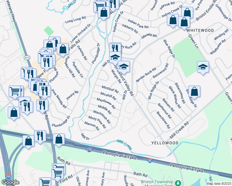map of restaurants, bars, coffee shops, grocery stores, and more near 15 Mintleaf Road in Levittown