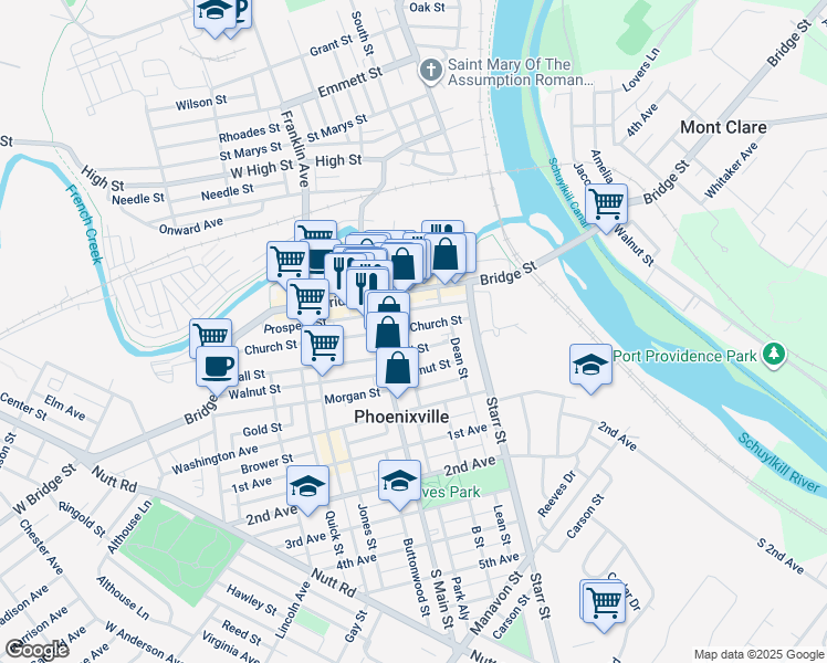 map of restaurants, bars, coffee shops, grocery stores, and more near 156 Church Street in Phoenixville