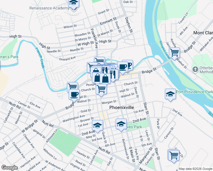 map of restaurants, bars, coffee shops, grocery stores, and more near 242 Church Street in Phoenixville