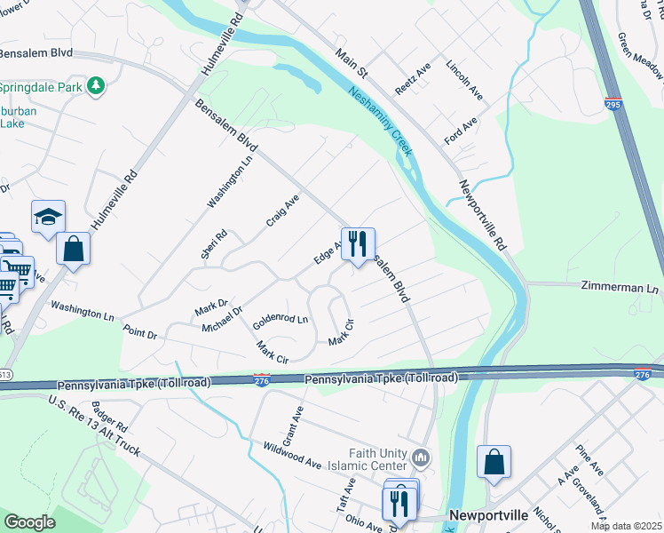 map of restaurants, bars, coffee shops, grocery stores, and more near 6260 Fulton Avenue West in Bensalem
