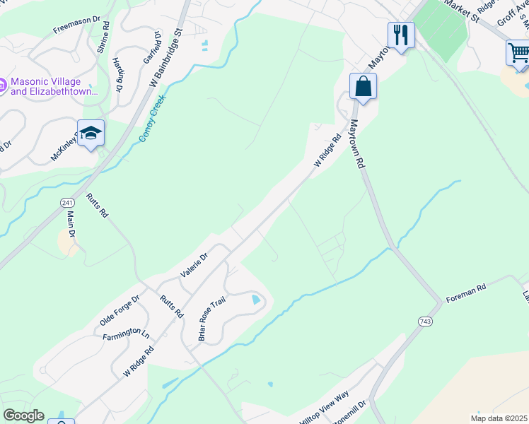 map of restaurants, bars, coffee shops, grocery stores, and more near 259 West Ridge Road in Elizabethtown
