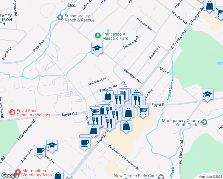 map of restaurants, bars, coffee shops, grocery stores, and more near 22 Sandown Road in Eagleville
