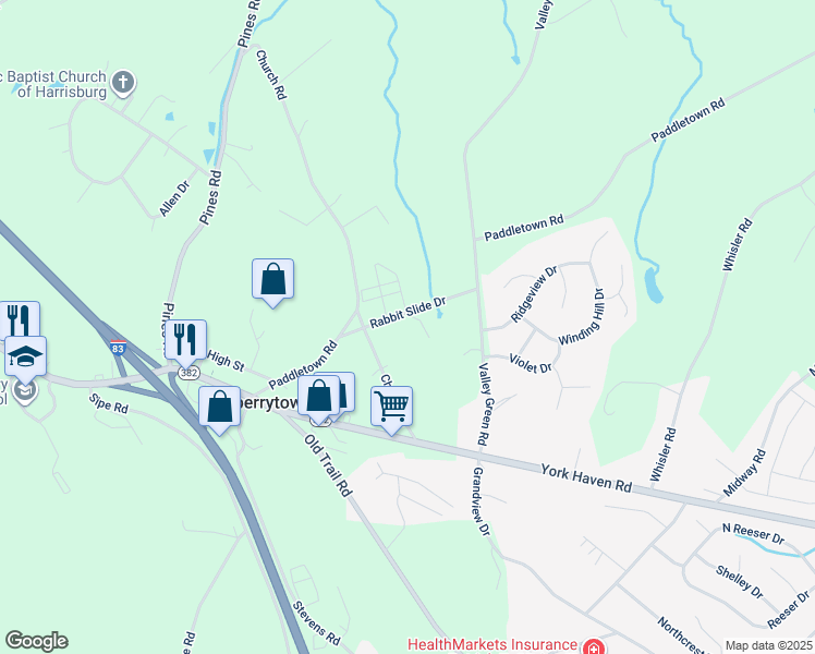 map of restaurants, bars, coffee shops, grocery stores, and more near Rabbit Slide Drive in York County