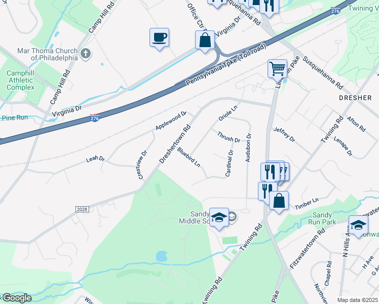 map of restaurants, bars, coffee shops, grocery stores, and more near 410 Bluebird Lane in Dresher
