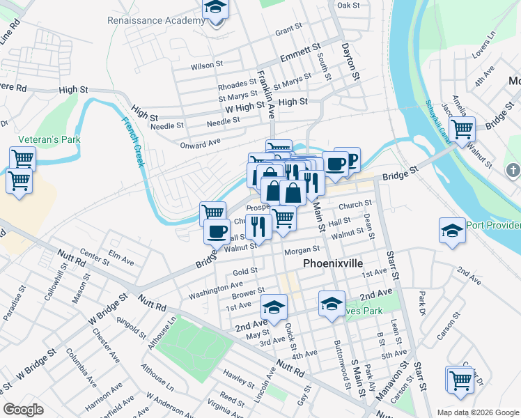 map of restaurants, bars, coffee shops, grocery stores, and more near 322 Church Street in Phoenixville