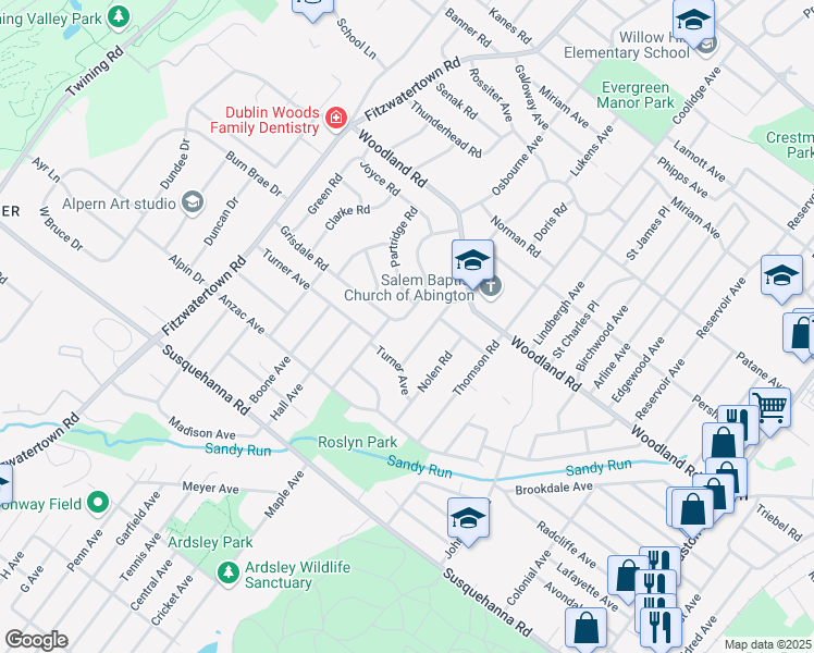 map of restaurants, bars, coffee shops, grocery stores, and more near 1305 Osbourne Avenue in Roslyn