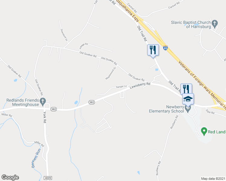 map of restaurants, bars, coffee shops, grocery stores, and more near 2570 Sanger Lane in York Haven