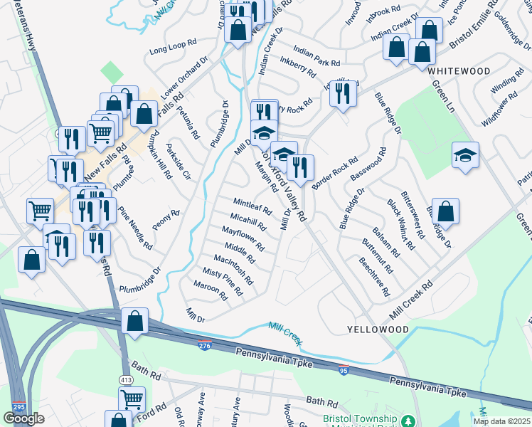 map of restaurants, bars, coffee shops, grocery stores, and more near 15 Mintleaf Road in Levittown