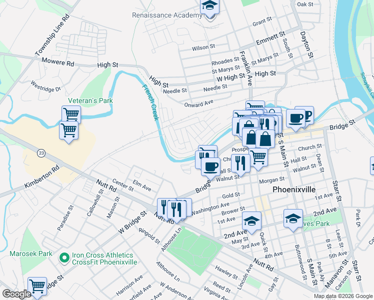 map of restaurants, bars, coffee shops, grocery stores, and more near Schuylkill River Trail in Phoenixville