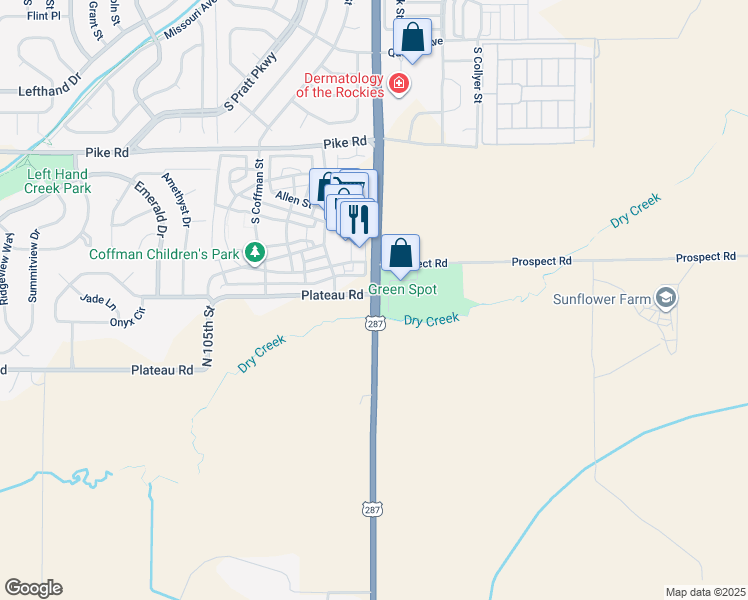 map of restaurants, bars, coffee shops, grocery stores, and more near 14923 U.S. 287 in Longmont