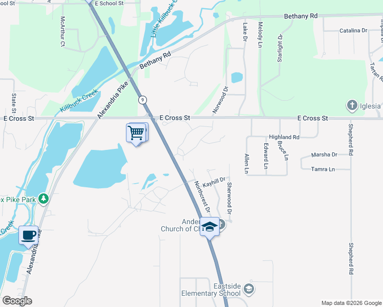 map of restaurants, bars, coffee shops, grocery stores, and more near 1611 Cottonwood Drive in Anderson
