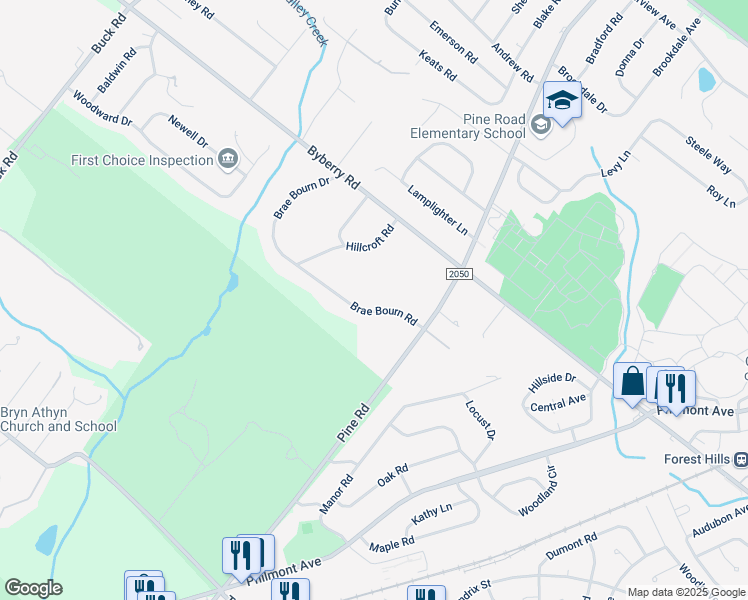 map of restaurants, bars, coffee shops, grocery stores, and more near 250 Brae Bourn Road in Montgomery County