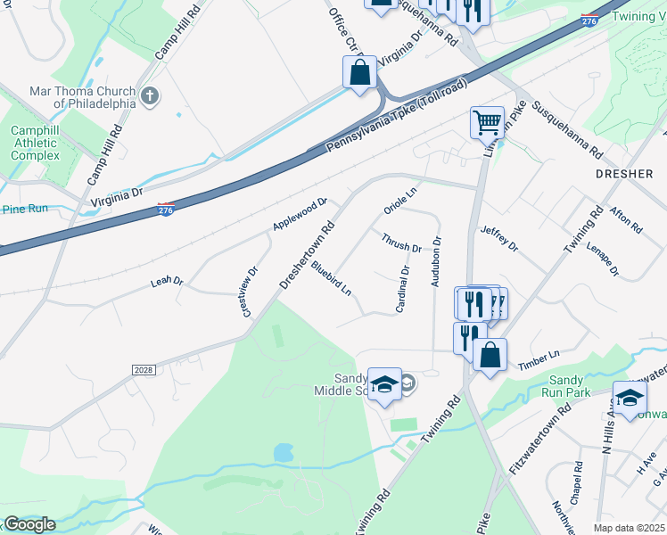 map of restaurants, bars, coffee shops, grocery stores, and more near 410 Bluebird Lane in Dresher