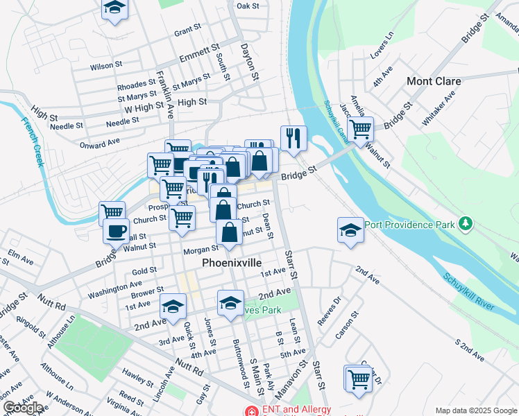 map of restaurants, bars, coffee shops, grocery stores, and more near 25 Hall Street in Phoenixville