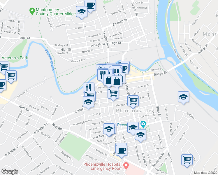 map of restaurants, bars, coffee shops, grocery stores, and more near 322 Church Street in Phoenixville