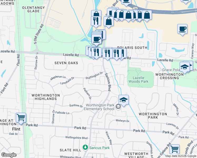 map of restaurants, bars, coffee shops, grocery stores, and more near 944 Philadelphia Drive in Westerville