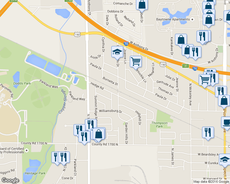 map of restaurants, bars, coffee shops, grocery stores, and more near 1604 Hedge Road in Champaign
