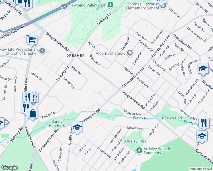 map of restaurants, bars, coffee shops, grocery stores, and more near 104 Woodside Circle in Dresher