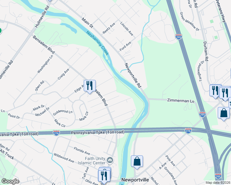 map of restaurants, bars, coffee shops, grocery stores, and more near 6361 Sterling Avenue in Bensalem