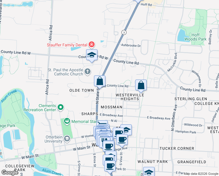 map of restaurants, bars, coffee shops, grocery stores, and more near 233 Hamilton Avenue in Westerville