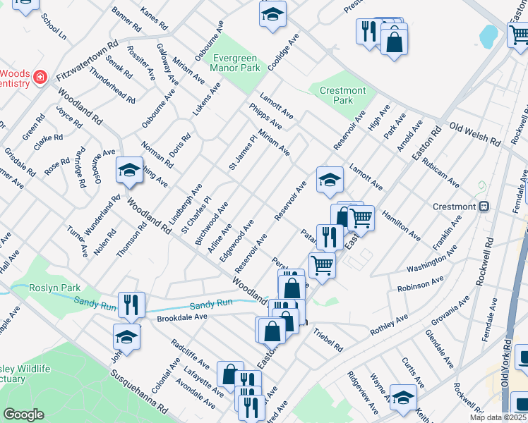 map of restaurants, bars, coffee shops, grocery stores, and more near 1441 Edgewood Avenue in Abington