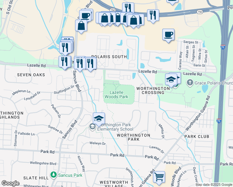 map of restaurants, bars, coffee shops, grocery stores, and more near 575 Lazelle Road in Westerville