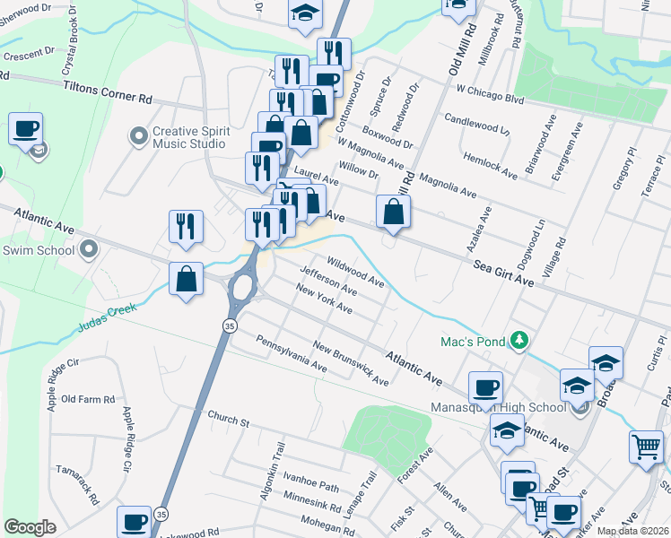 map of restaurants, bars, coffee shops, grocery stores, and more near 1205 Jefferson Avenue in Manasquan