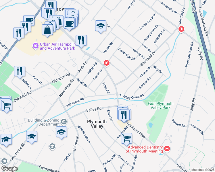 map of restaurants, bars, coffee shops, grocery stores, and more near 632 Erlen Road in Plymouth Meeting