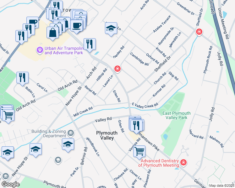map of restaurants, bars, coffee shops, grocery stores, and more near 629 Erlen Road in Plymouth Meeting