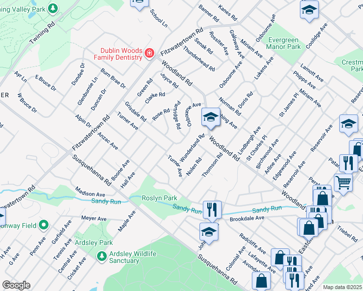 map of restaurants, bars, coffee shops, grocery stores, and more near 1305 Osbourne Avenue in Roslyn