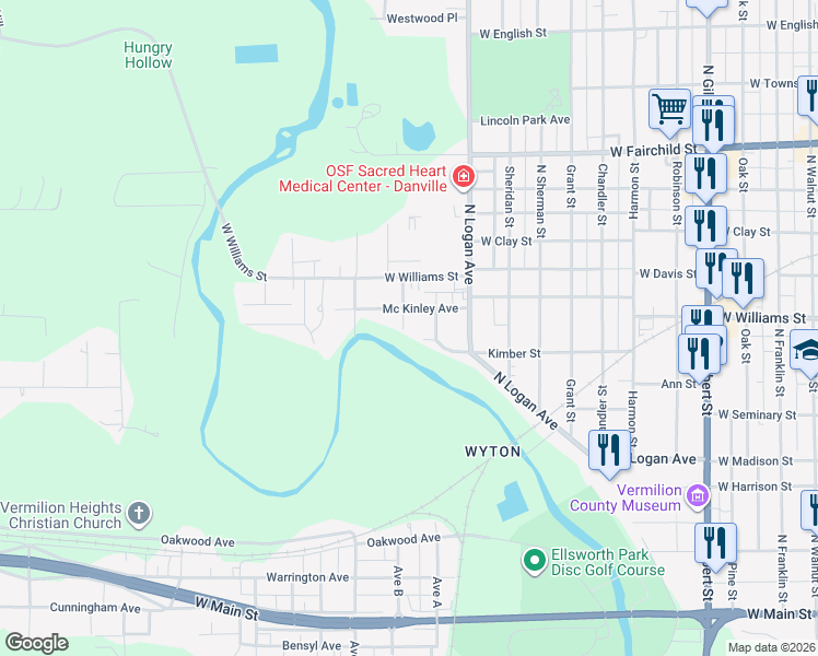 map of restaurants, bars, coffee shops, grocery stores, and more near 500 Meade Street in Danville