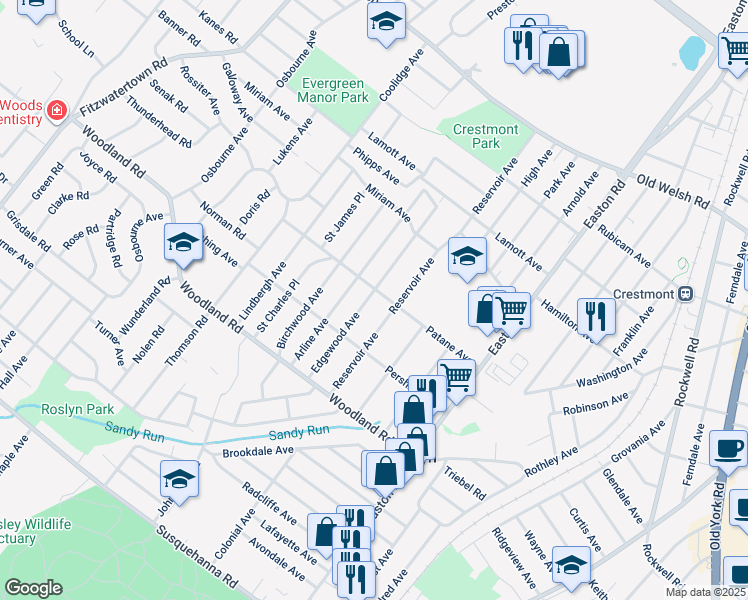 map of restaurants, bars, coffee shops, grocery stores, and more near 1441 Edgewood Avenue in Abington