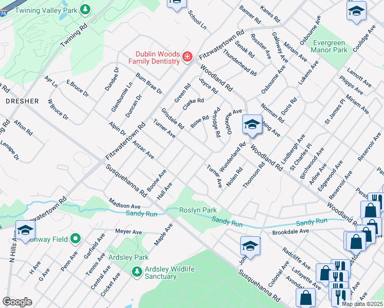 map of restaurants, bars, coffee shops, grocery stores, and more near 1250 Hall Avenue in Roslyn