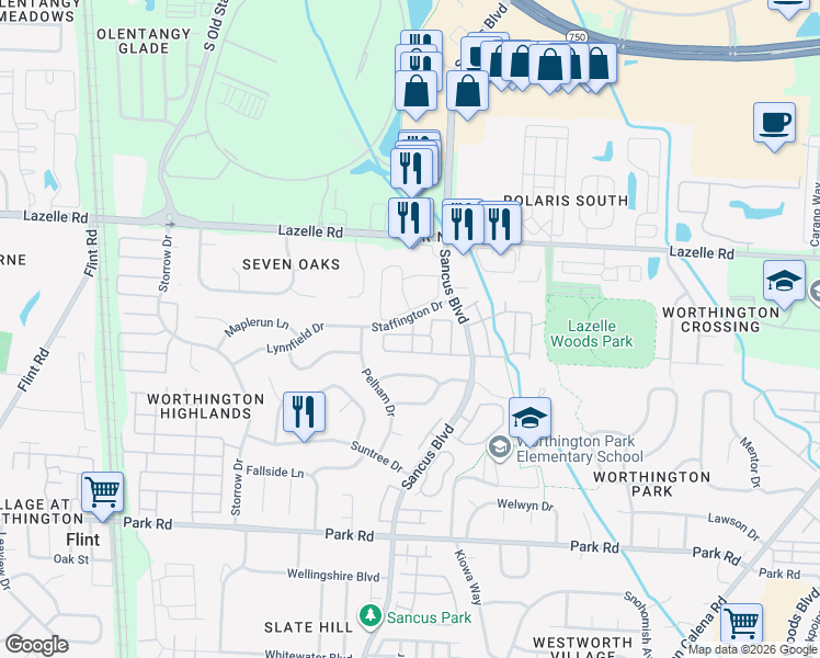 map of restaurants, bars, coffee shops, grocery stores, and more near 8199 Charlotte Way Avenue in Westerville